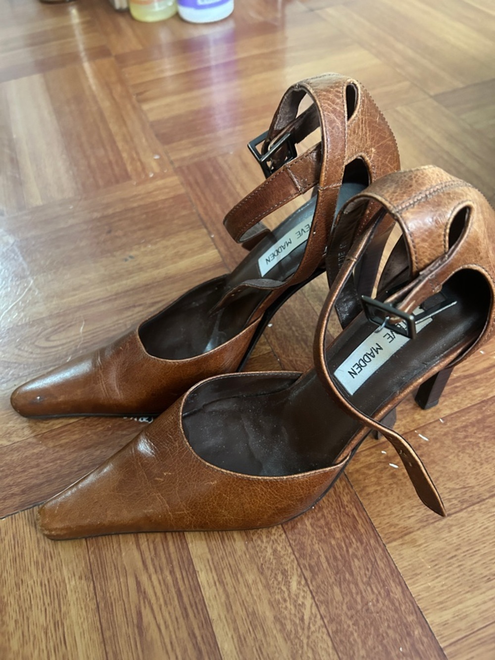 Pointed-Toe Ankle-Strap Heels in Brown by Steve Madden